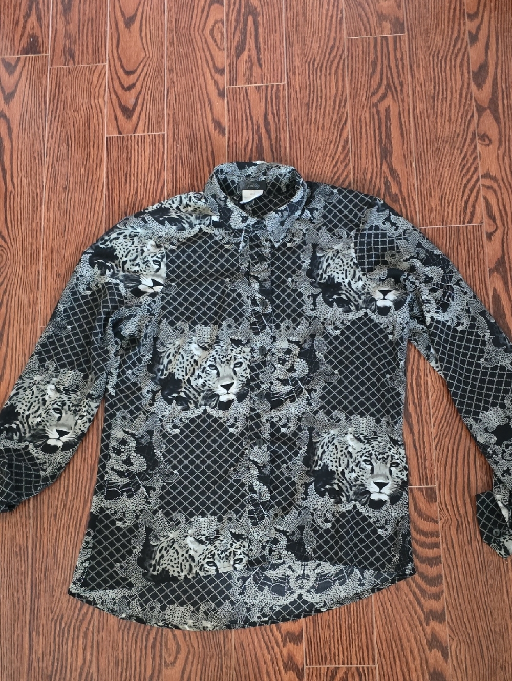 Womens Black & Cream Leopard Print Button-Up Blouse